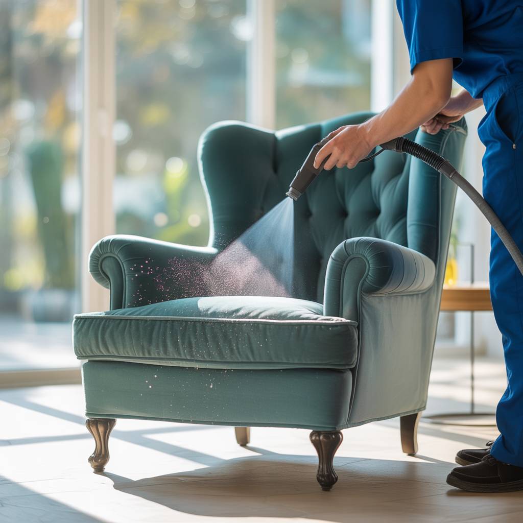 Technician deep cleaning sofa upholstery in Ahmedabad